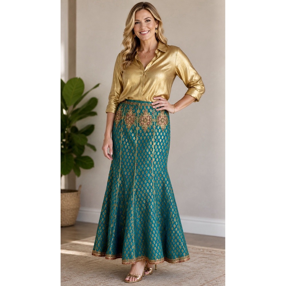 AAMOOZE Beaded Ornate Ghagra Middle Eastern Indian Skirt Green Sari Brocade Flaw